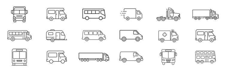 Truck, bus and van icon set, delivery cargo vehicle, camper, ambulance and trailer outline symbols isolated on transparent background © Polyak Tata