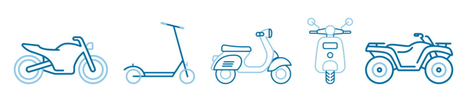 Motorcycle and scooter icon set, bike, moped, kick scooter and atv outline symbols isolated on transparent background