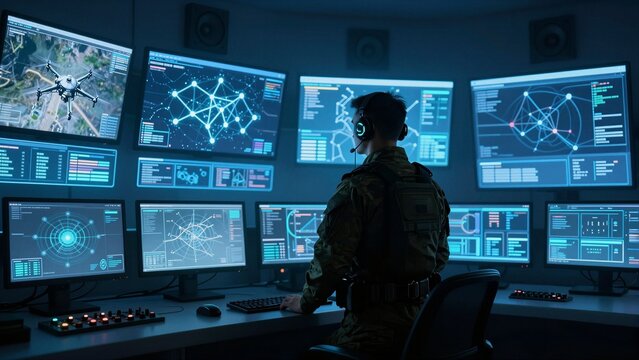 A soldier in a camouflage uniform operates a high-tech command center with multiple screens displaying drone footage and tactical data.