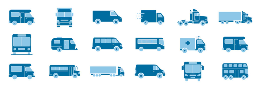 Truck, bus, van and ambulance transport outline icons, cargo trailer semi tractor motorhome commercial fleet collection vector on transparent background