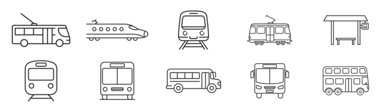 Train, tram, subway and bus public transport outline icon set, railway metro transit vehicles and station platform vector on transparent background