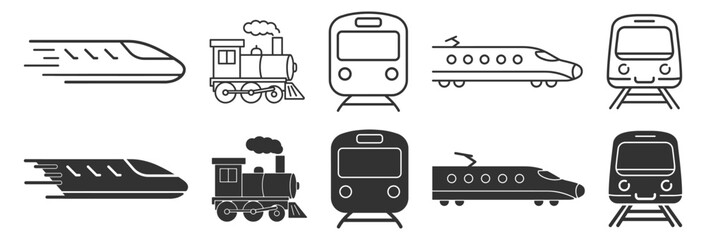 Railway transport icon set, train subway locomotive tram and metro outline and solid glyph vector isolated on transparent background © Polyak Tata