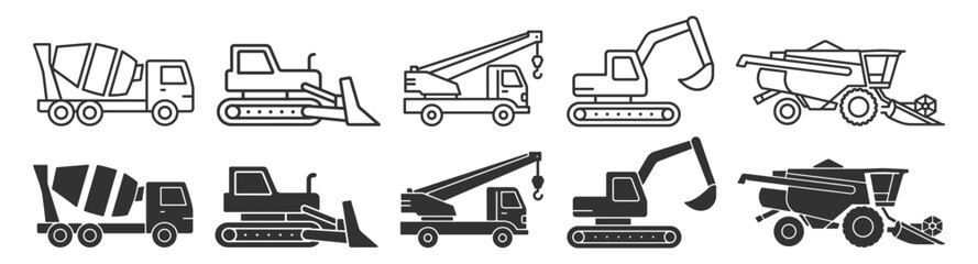 Construction machinery icon set, excavator crane bulldozer mixer truck and harvester outline and solid glyph vector isolated on transparent background © Polyak Tata