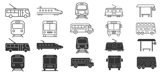 Public transport icon set, bus train tram subway and trolleybus outline and solid glyph vector isolated on transparent background © Polyak Tata
