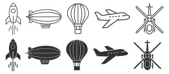 Aviation transport icon set, rocket airplane helicopter airship and hot air balloon outline and solid glyph vector isolated on transparent background © Polyak Tata