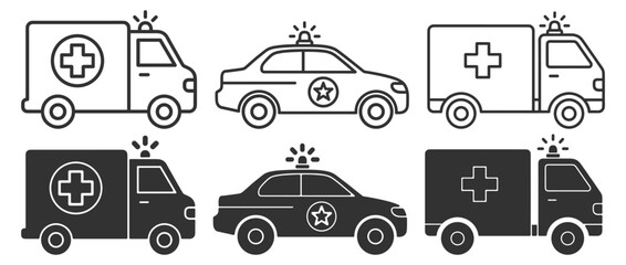 Emergency vehicle icon set, ambulance van and police car outline and solid glyph vector isolated on transparent background © Polyak Tata