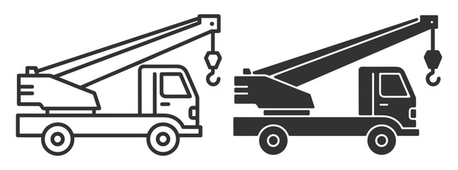 Crane truck icon set, construction tow truck with lifting hook outline and solid glyph vector isolated on transparent background © Polyak Tata