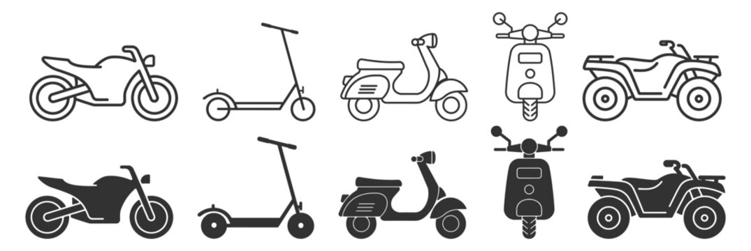 Motorcycle and scooter icon set, bike moped atv outline and solid glyph vector collection isolated on transparent background