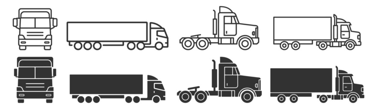 Cargo truck icon set, delivery lorry trailer freight transport outline and solid glyph vector isolated on transparent background