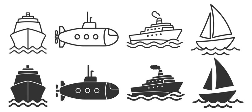 Marine transport icon set, ship submarine yacht and sailboat outline and solid glyph vector isolated on transparent background
