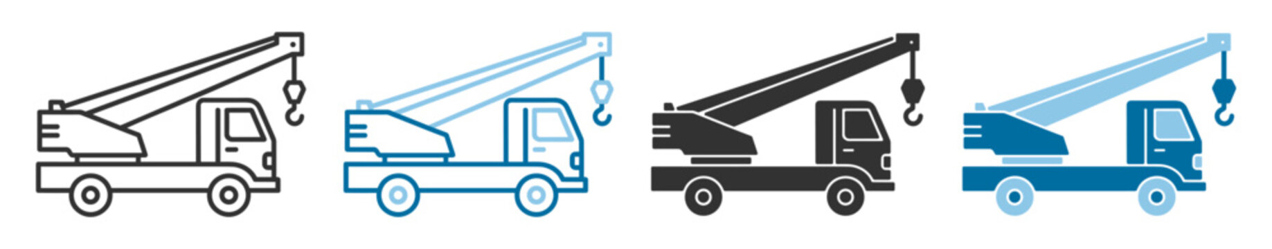 Crane truck icon set, construction tow truck with lifting hook outline and solid glyph vector isolated on transparent background