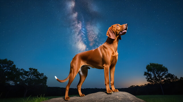 A redbone coonhound howling under a starry night sky