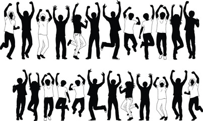 Fototapeta premium people, jumping, celebration, party, happy, silhouette, crowd, energy, excitement, fun, dance, group, joy, lifestyle, event, vector, illustration, collection, black, cad