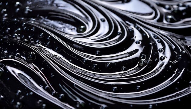 Macro Texture Of Thick Black Sesame Paste Or Squid Ink Sauce With Swirls And Glossy Bubbles