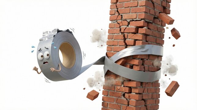 Humorous 3D Illustration of Duct Tape Character Trying to Wrap Crumbling Brick Pillar