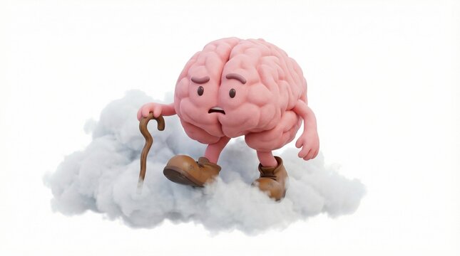 Humorous 3D Illustration of Confused Brain Character Lost in Thick Fog