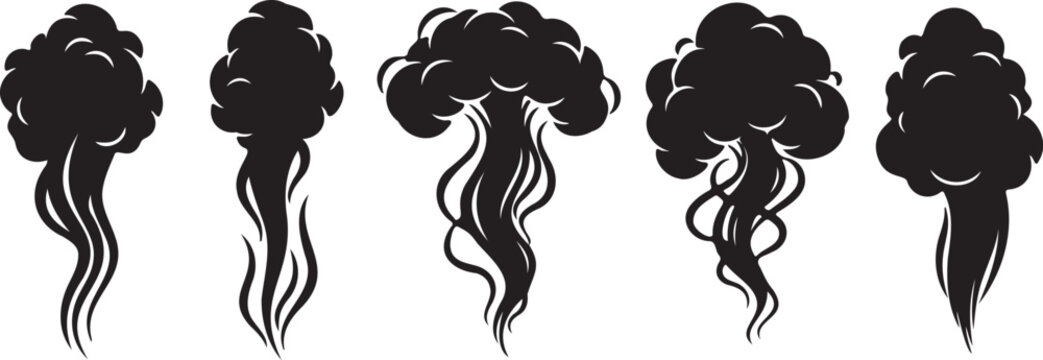 Set of 5 black smoke or steam cloud vector illustrations, featuring various stylized shapes for design elements, fire, or air pollution concepts.