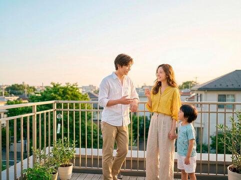 夕方のベランダで会話する家族
