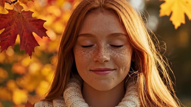 Young Redhead Girl Smiling in Autumn Park with Falling Leaves.