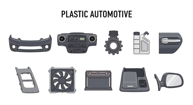 Illustration of ten gray automotive plastic components including bumper dashboard gear fluid container handle trim fan battery console and mirror
