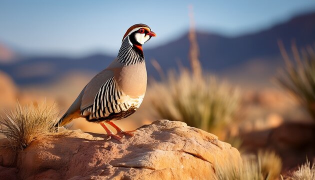 A Portrait Of A Chukar Partridge Strutting Around On A Rock In The Desert