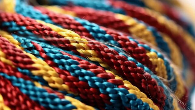The camera focuses on a colorful braided rope. The bright colors stand out and create interesting patterns. Close-ups reveal intricate details in the material.