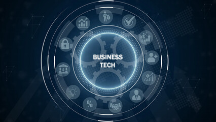 Obraz premium Glowing neon blue circular interface with business and technology and the words BUSINESTECH in the center on a dark background Keywords