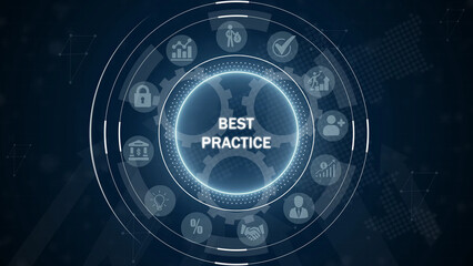 Obraz premium High-tech circular interface with glowing blue neon rings and representing industry standards and the central text BESTPRACTICE in clear white
