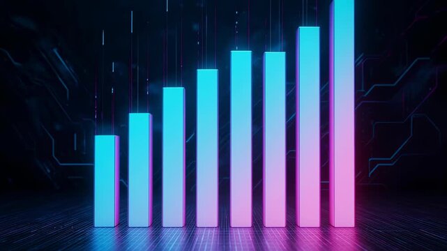 Neon bar graph illustrating growth trend in a futuristic technology environment from a straight-on viewpoint
