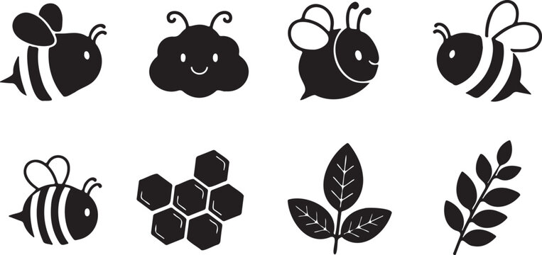 Set of 8 cute black bee and nature icons vector