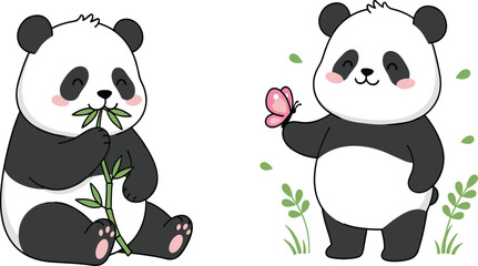 Cute panda bear cartoon characters with bamboo and butterfly adorable wildlife animal illustration for kids design nursery print and stickers. © MstSuborna