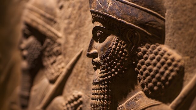 Ancient Assyrian Warriors Stone Relief Detailed Carving Archaeological Photography Texture and Age
