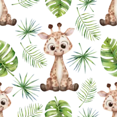 Seamless watercolor pattern with cute baby giraffe and jungle foliage, hand painted repeating background for kids textile, nursery wallpaper, wrapping paper and playful surface design © Cristina