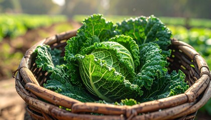 Fresh Savoy Cabbage in Basket on Farm Field