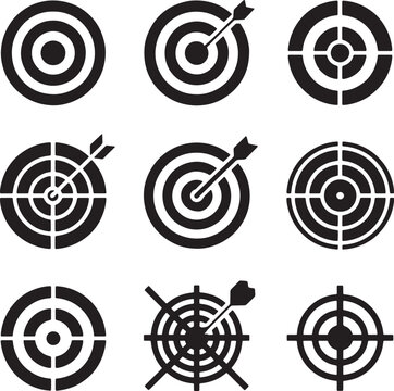 Set of Target and Bullseye Icons with Arrows, Goal Achievement and Success Vector Symbols for Business and Marketing Stencil Design
