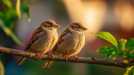 Pair of house sparrows perched on a thin branch in a sunlit garden