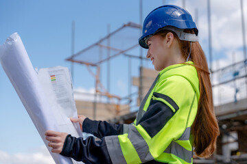 Young woman builder stands at construction site looking at building plans, with scaffolding in background © Iryna