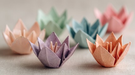 Pastel origami flowers arranged on neutral linen with soft natural light