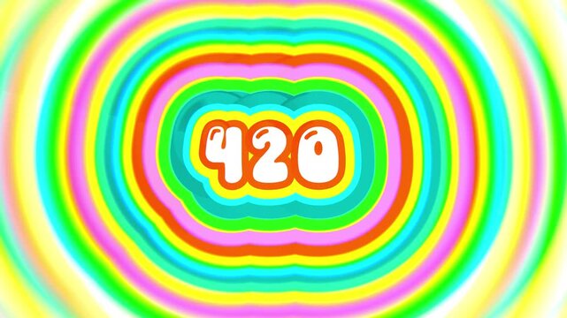 horizontal seamless loop video of 420 typography surrounded by pulsating pastel and neon rainbow ripples. groovy animated visualizer for weed lifestyle and event screens.