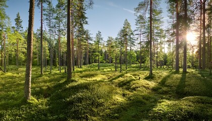 Fototapeta premium Green Sunny Forest In Finland