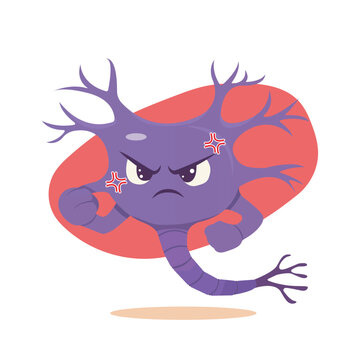 A vector illustration of an angry purple neuron with clenched fists and branching dendrites, set on a red abstract background with a soft shadow in a minimalist cartoon style