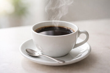 Steaming white cup of hot black coffee on a saucer with a silver spoon on a marble table, blurred bright background, generative AI
