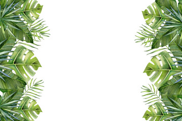 Cute watercolor tropical leaf frame with lush monstera, palm and banana foliage on white background, hand painted in soft green tones, perfect for invitations, stationery, wall prints and modern decor © Cristina
