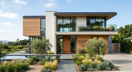 Fototapeta premium A modern home with a swimming pool and lush landscaping, featuring a contemporary architectural design with wood and concrete elements.