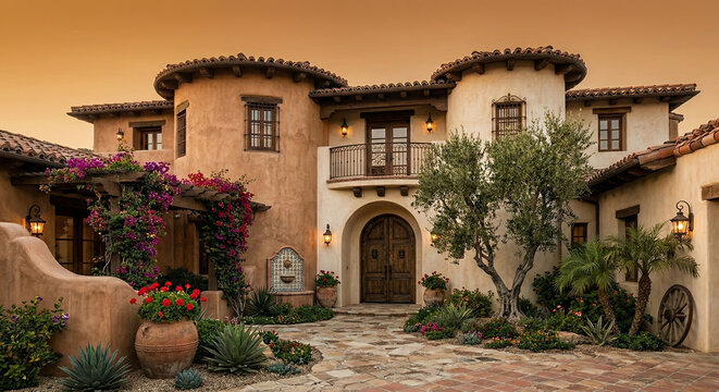 A beautiful Tuscan-style villa with terracotta roof tiles, stucco walls, and lush landscaping, including bougainvillea, olive trees, and potted plants.