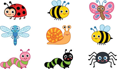 Cute cartoon insects collection ladybug bee butterfly dragonfly snail caterpillar spider smiling bugs kids friendly vector illustration set © Iqbal creative 