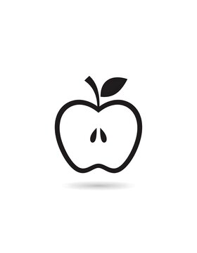 Black and white illustration of an apple cut in half, simple design