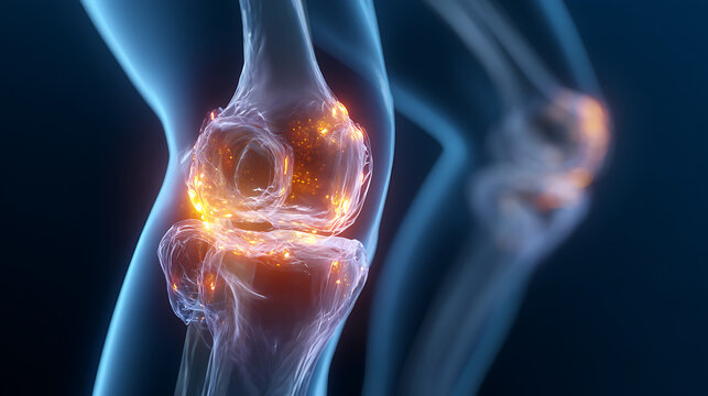 Medical illustration of a knee joint with inflammation or arthritis on a dark background