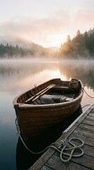 Wooden rowboat tied to a dock during a serene foggy sunrise over calm lake water