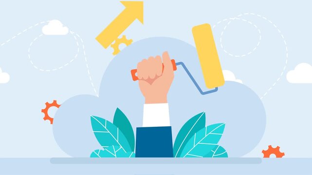 Technical work and repairs. Paint roller in hand. Brush in hand. A businessman is holding a roller for painting walls. Rebranding, transformation, renovation, maintenance, concept. 2d flat animation